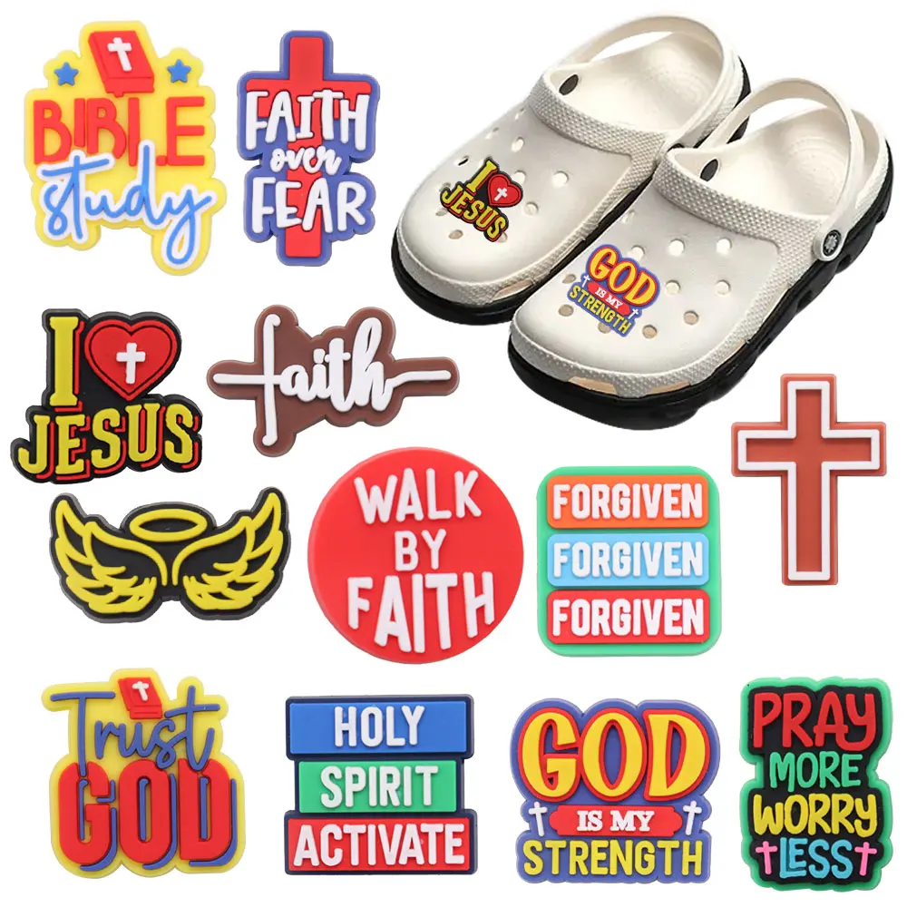 Hot Sales 1-12Pcs God is My Strength Holy Faith Adult Love Jesus Blessed Shoe Buckle Charms Decorations DIY Phone Case