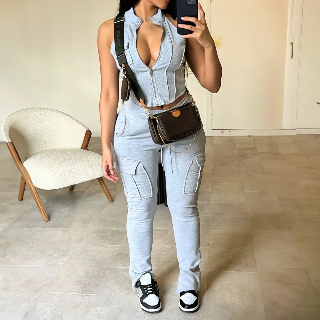 

Soild Pocket Cargo 2 Piece Set Women Tracksuits 2024 Summer Zipper Sleeveless Crop Tops High Waist Pants Casual Streetwear