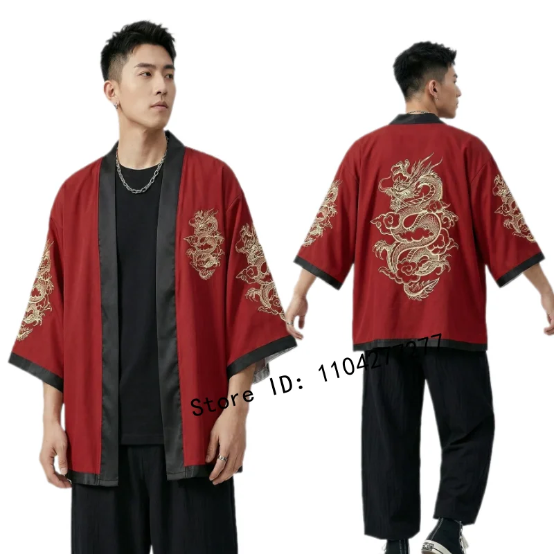 

Мужской комплект кимоно с японским узором «Красный дракон», свободная верхняя одежда унисекс в японском стиле для косплея и повседневной носки