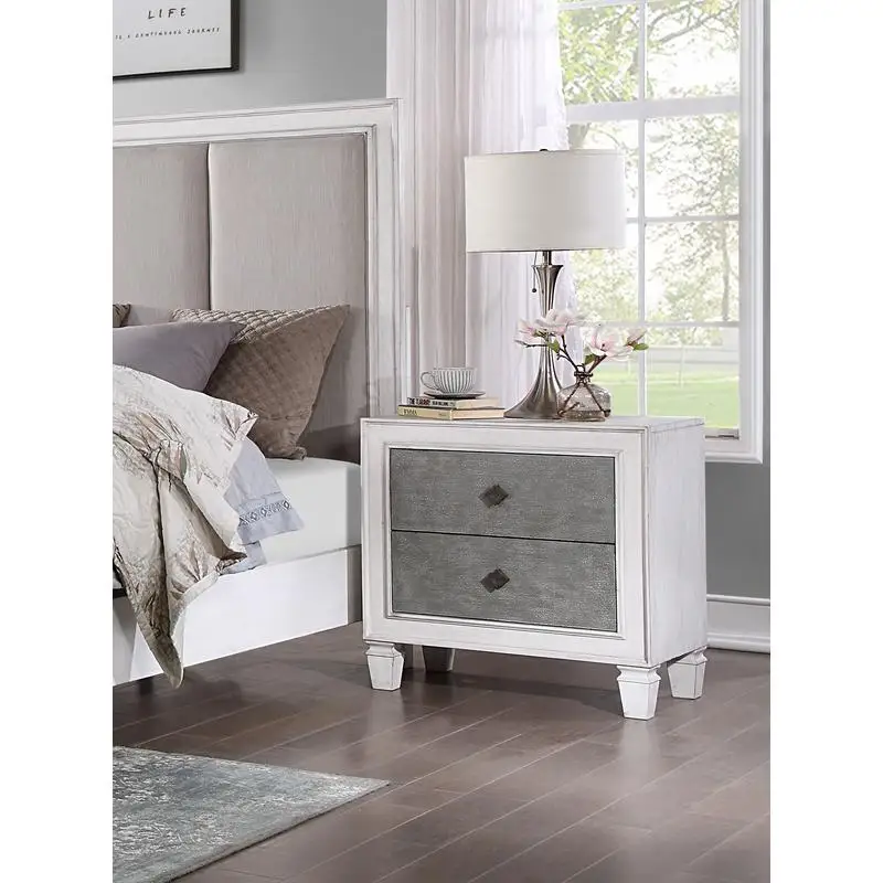 Modern Rustic White Gray 2-Drawer Nightstand Wooden Bedroom Furniture Farmhouse Style
