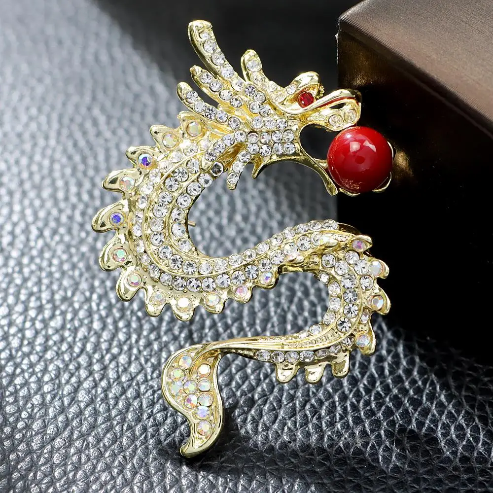 CINDY XIANG Rhinestone Red Bead Chinese Dragon Brooch Shunjie Pring Festivel Pin