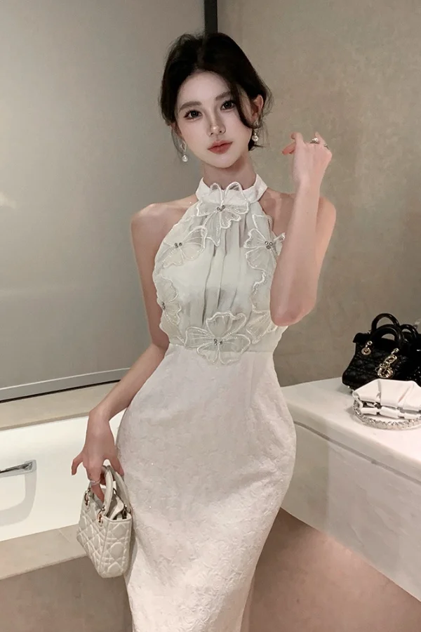 

Designer French Halter Dress Women Elegant Patchwork Bodycon Midi Gown Summer 2025 Slim Fit Evening Dress Party Clubwear Couture