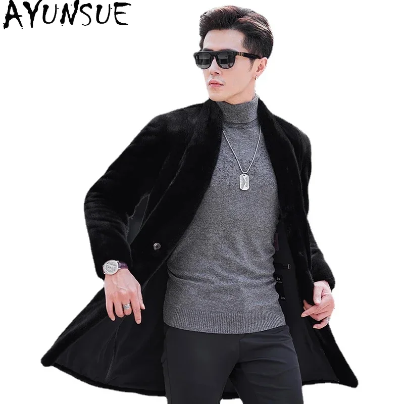 AYUNSUE Natural Fur Coat Mink Jackets for Men 2025 Winter Mid-length Real Mink Fur Coats Fashion V-neck Fur Jacket Manteau Homme