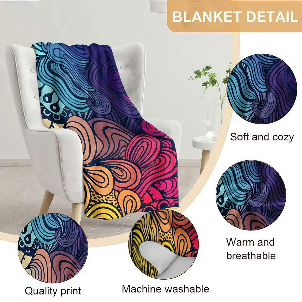 colorful wave doodle Soft Warm Flannel Blanket Lightweight Cozy Christmas Halloween Home Decor Room