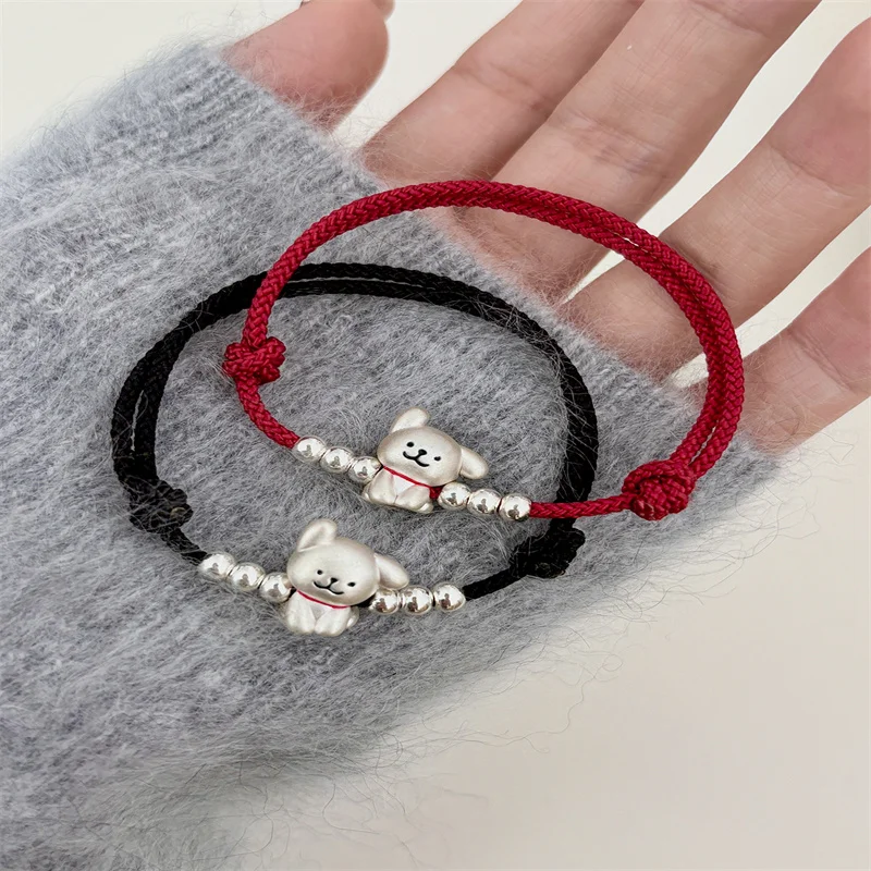 

999 Sterling Silver Cartoon Dog Bracelet, Handmade Braided Lucky, Adjustable Unisex Couple Cord, Cute Line Puppy, Gift Wholesale