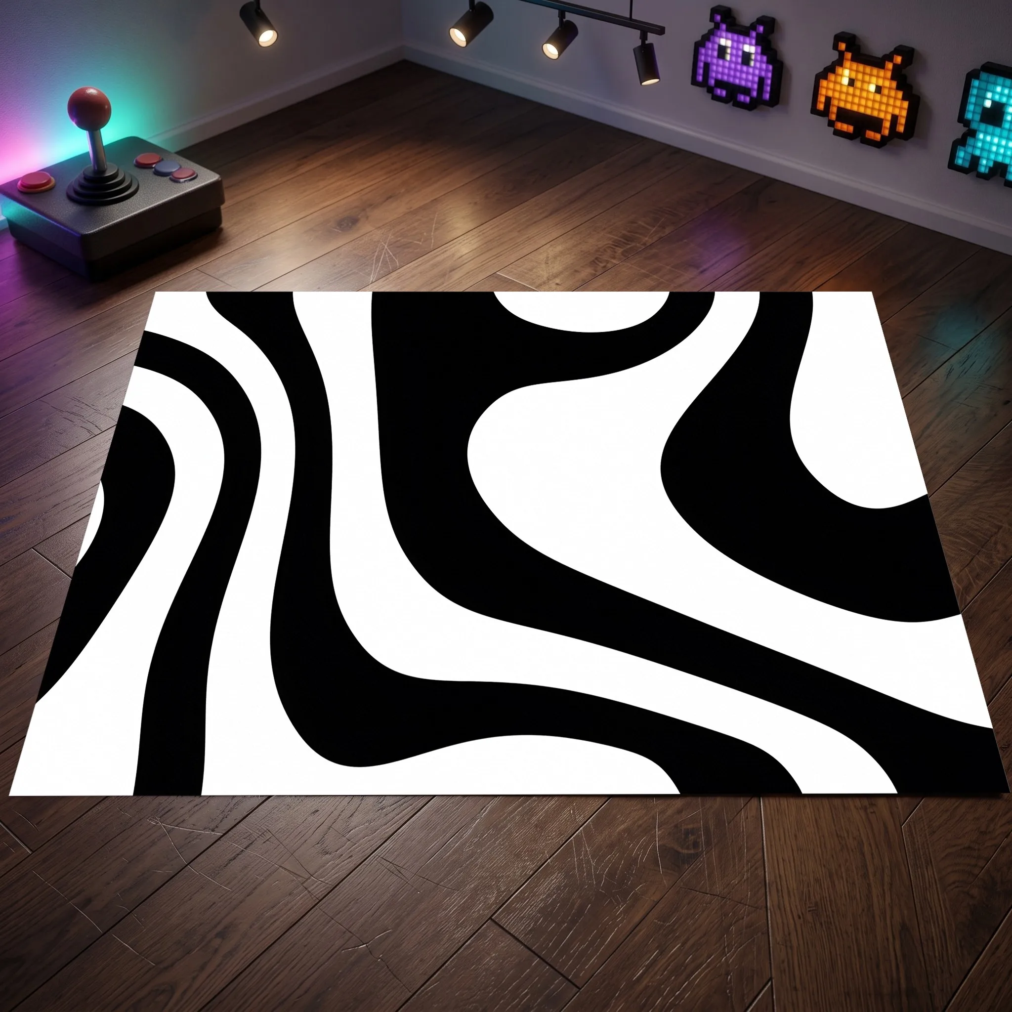 2D Black & White Flowing Wave Pattern Rug, Modern Minimalist Style, Living Room & Bedroom Carpet