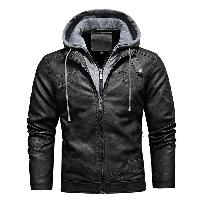 Vintage Men Faux Leather Jacket With Attached Hood Street Style Outer Coat