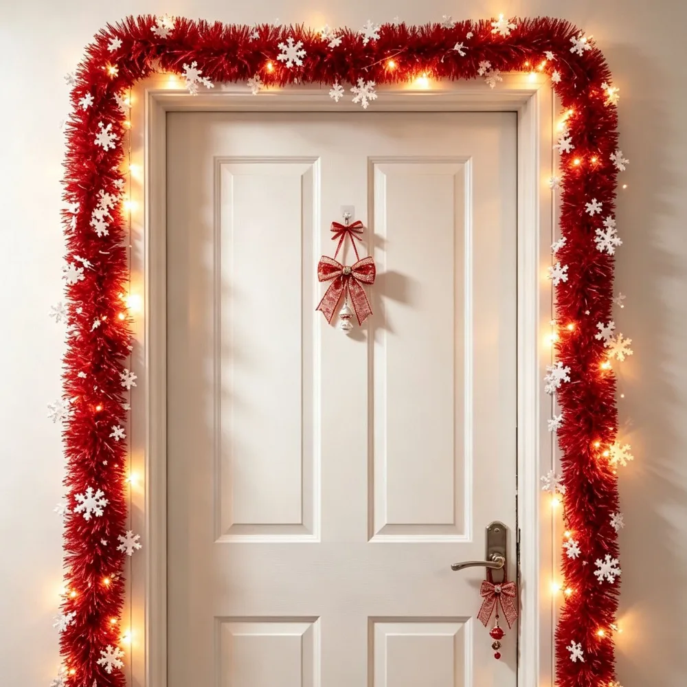 2M Christmas Snowflake Ribbon with LED Light White/Red Snowflake Tinsel Ribbon Plastic Long Strip Xmas Tree Hanging Pendent