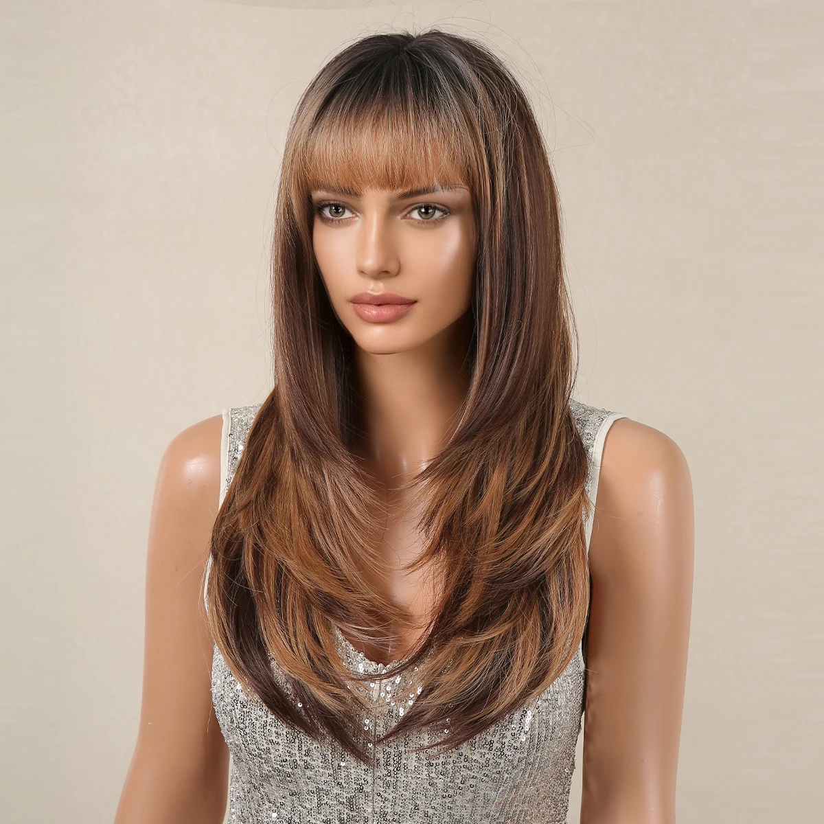 Medium Length Brown Synthetic Wigs Blonde Highlight Silky Straight Layered Wig Daily Hair for Women Heat Resistant Cosplay Wig