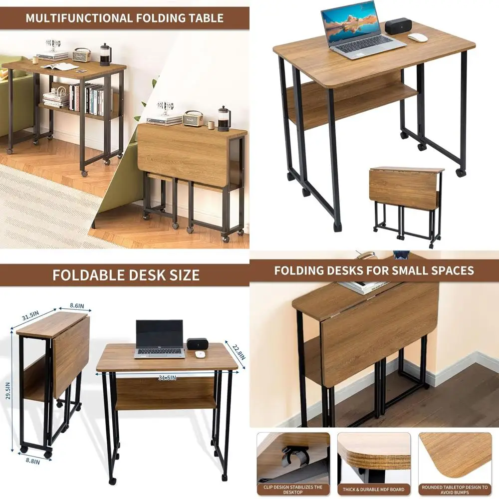 

Portable 6-Wheel Foldable Desk with Storage for Compact Spaces - Brown