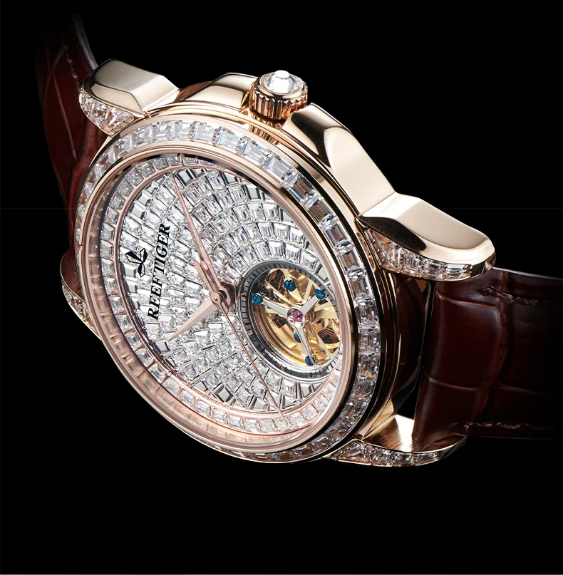 Reef Tiger Men Automatic Watch 41.5mm Luxury Mechanical Wristwatch Luminous Skeleton Crystal Dial Bezel Sapphire Mirror