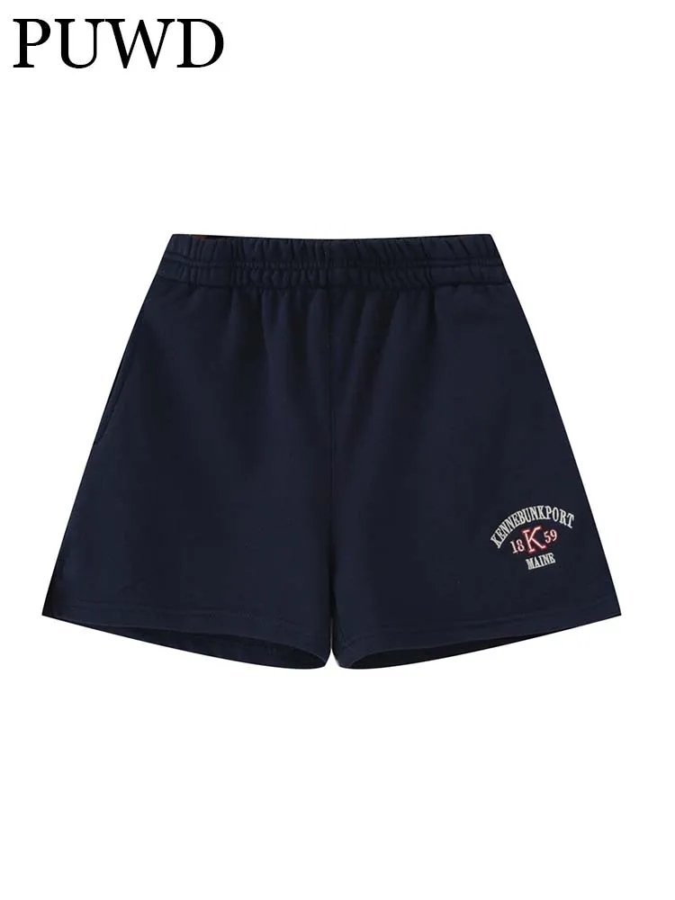 PUWD Women Cotton Navy Sprots Shorts 2023 Summer Retro Ladies High Elastic Waist Bottoms Female Letter Embroidery Shorts