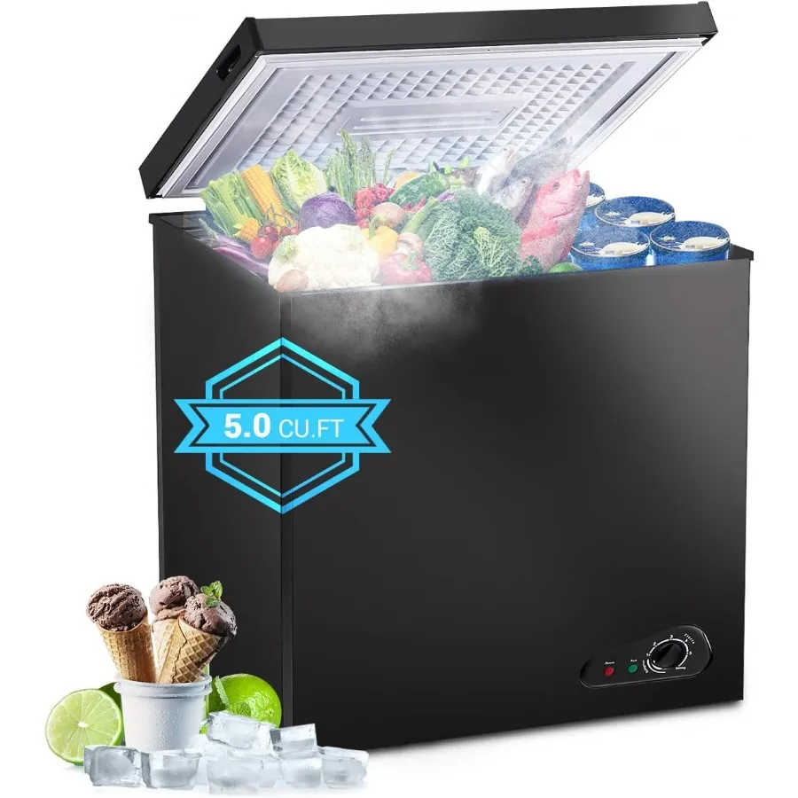فريزر عميق مدمج 5.0 قدم مكعب مع سلة تخزين قابلة للإزالة و7 مستويات لدرجة الحرارة ترموستات فريزر صغير أسود مفتوح