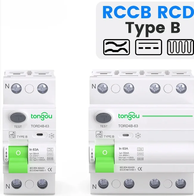 RCD RCCB Type B Earth Leakage Residual Current Circuit Breaker Evse 2P 4P AC 40a 63a 30ma 100ma 300ma 10KA Din Rail
