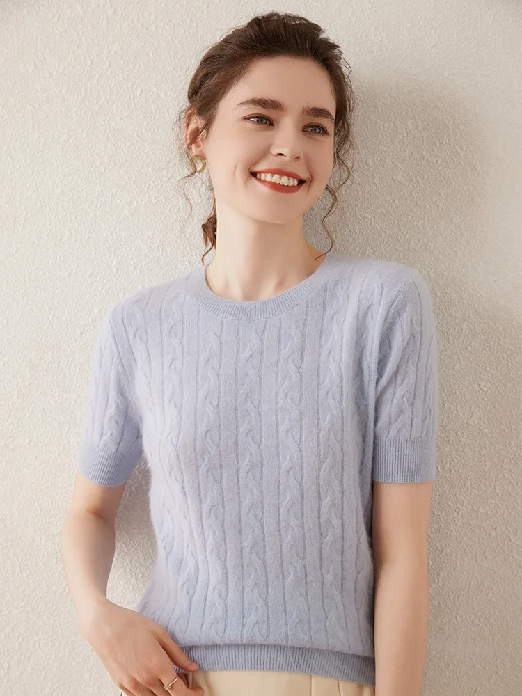 High Quality 100% Cashmere Sweater Women's O-Neck Short Sleeve Pullover Spring Autumn Cashmere Knitwear T-shirt Female Clothing