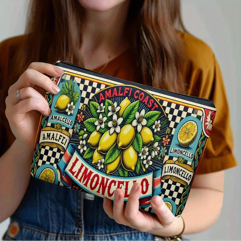 

1pc Amalfi Coast Lemonade Makeup Bag -Dual-Sided Print of Lemons & Checkered Design - Ideal Gift for Friends, Pencil Case