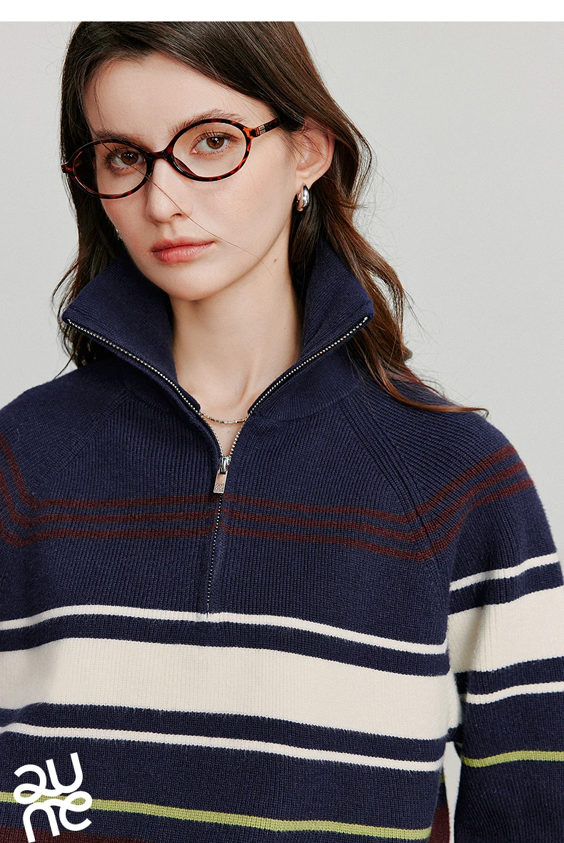 TOYOUTH Women Knitted Sweater 2026 Autumn New Fashionable Style Striped Zipper High Collar Woolen Pullover Sweater Tops