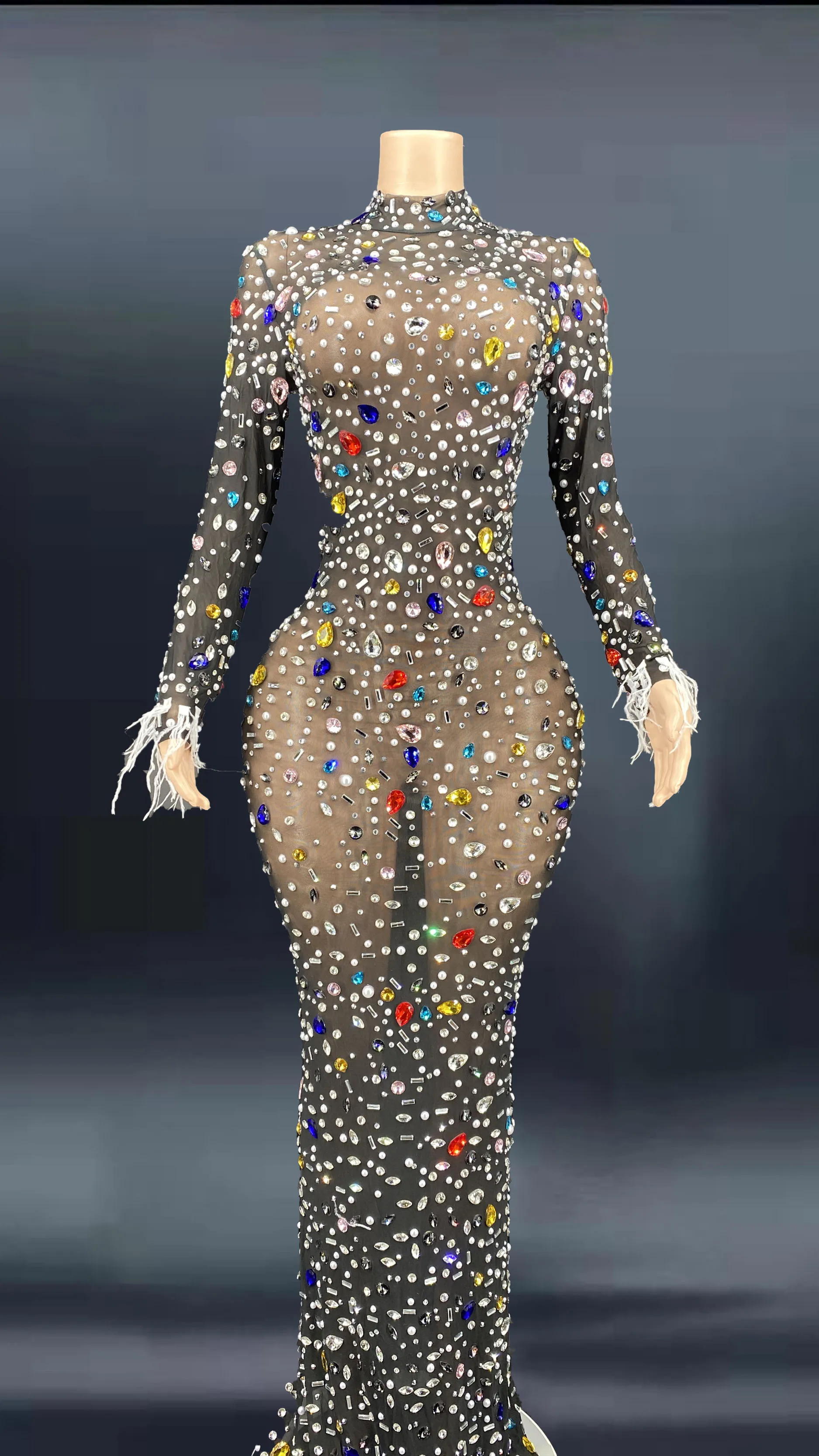 Colorful Crystals Pearls Sexy Mesh Dress Prom Evening Sexy Transparent Multicolor Rhinestones Costume Birthday Feather Sleeves