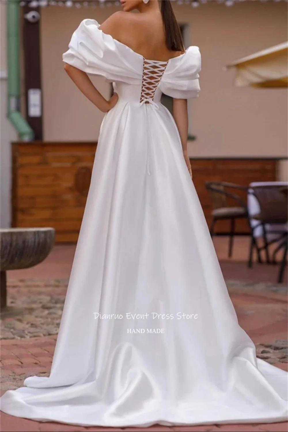 فستان زفاف Dianruo بأكمام منتفخة على شكل حرف A بدون أكتاف مكشكش فيستدو دي نويفا ذيل بفتحة عالية فستان سهرة رسمي مخصص