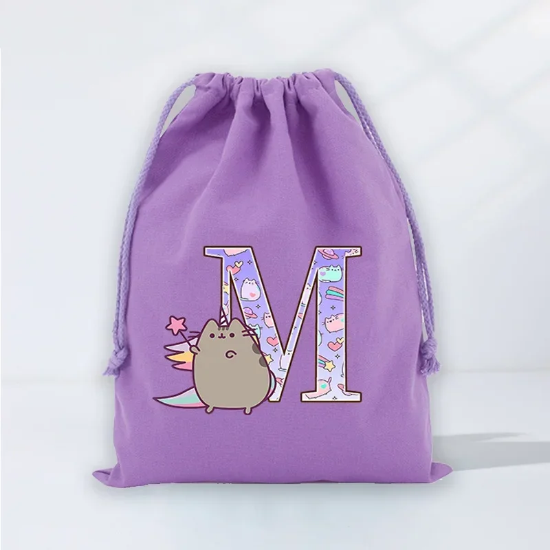 Pusheen Storage Bags Cartoon Letter Printed Drawstring Pocket Clothes Makeup Organizer Party Gift Package Purple Cotton Pouches