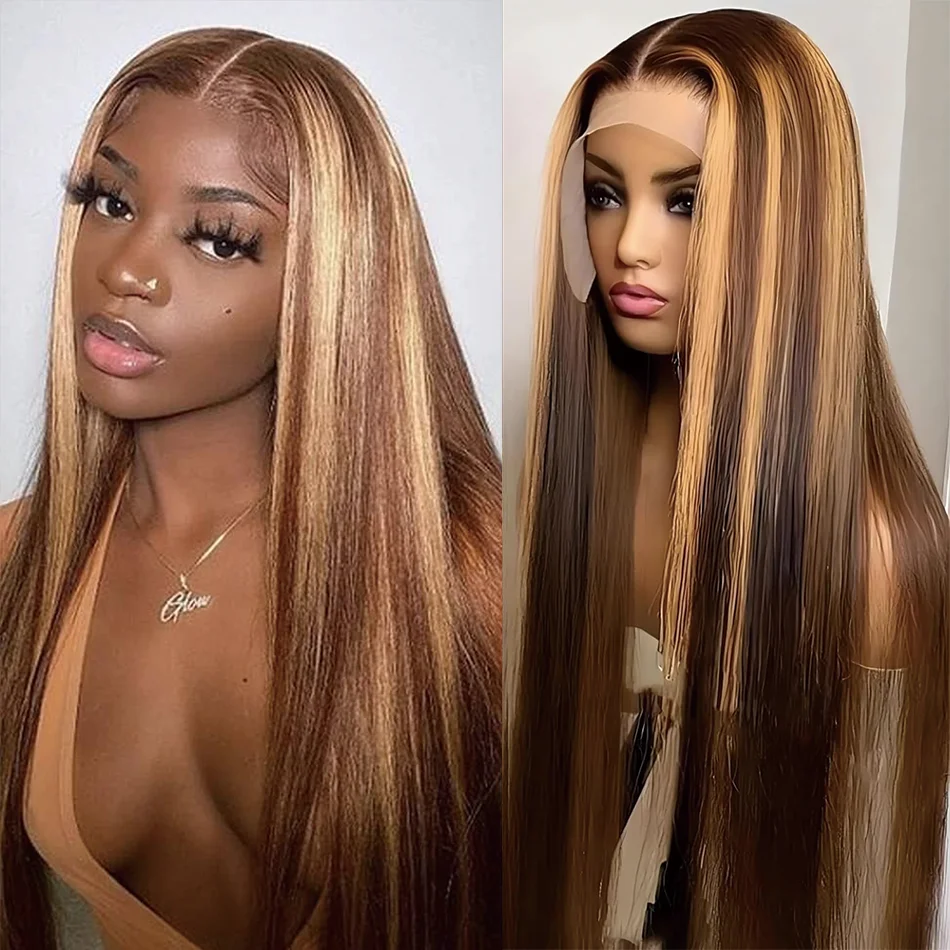 

Ombre Lace Front Wig Human Hair Highlight 13x6x1 Straight Lace Front Wigs 180% Density 4/27 Colored Honey Blonde Human Hair Wig