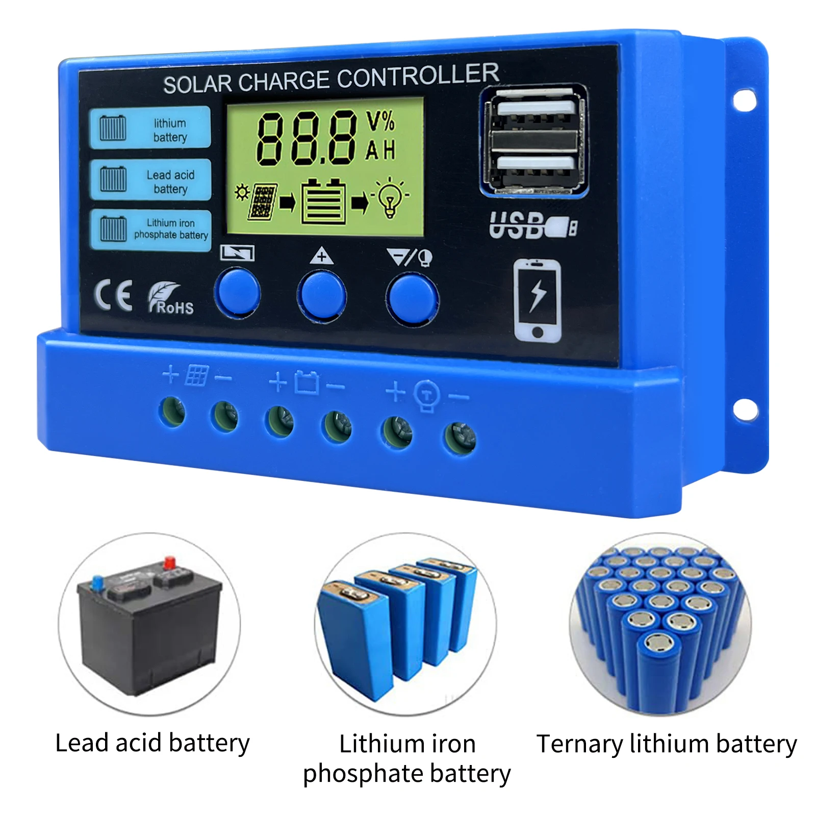 

Solar Panel Battery Controller 12V 24V 10A 20A 30A Auto Battery Charge Regulator PWM Controller LCD Dual USB for PV Home