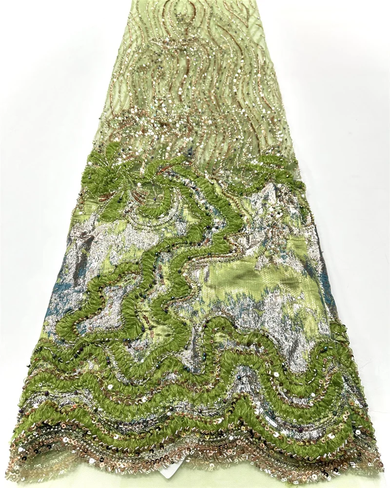 

African Beads Lace Fabrics Latest Sequins Lace Fabric 5 Y High Quality 2026 Green Lace Fabric Nigerian Wedding Dress For Woman