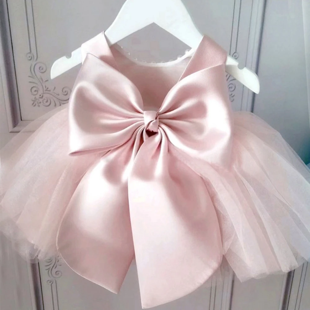 Charming Pink Bow Ball Gown Kids Wedding Party Clothes Puffy Tulle Pearls Flower Girls Dresses For Wedding Customized