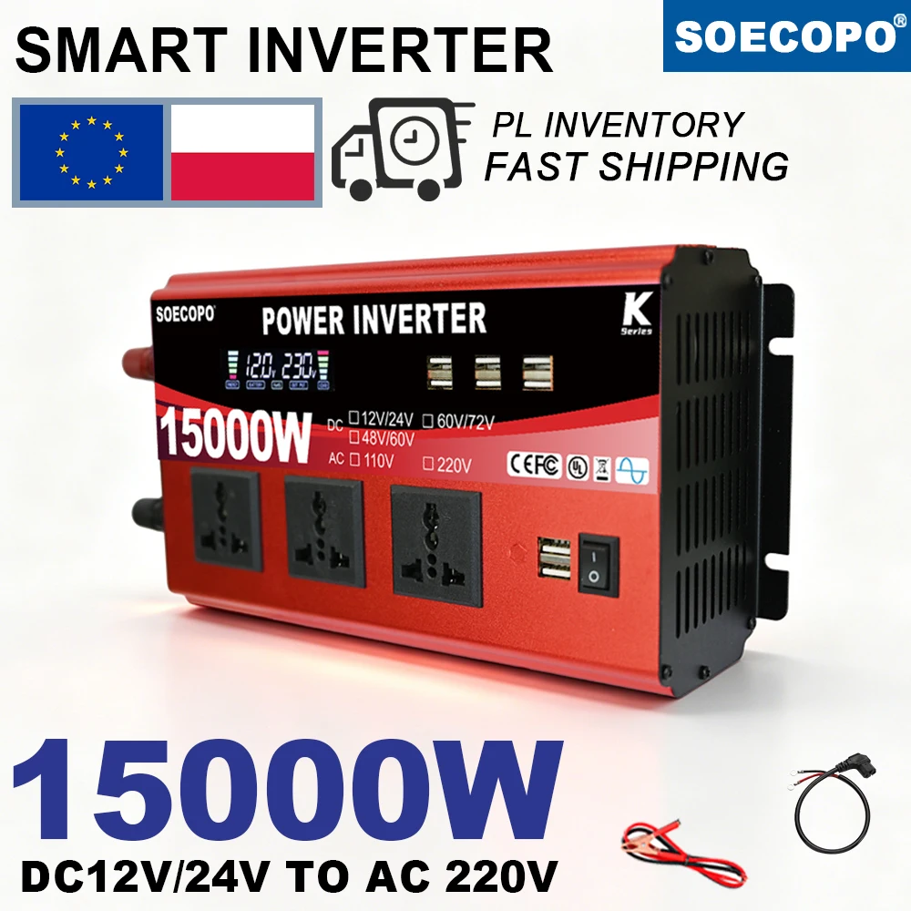 SOECOPO 150000W Peak K Series Smart Power Inverter, 1200W Nennleistung DC12V/24V zu AC220V Konverter mit 3 AC-Steckdosen & 8 USB-Anschlüssen, Unterstützt Lüfter, Fernseher, Kühlschrank,