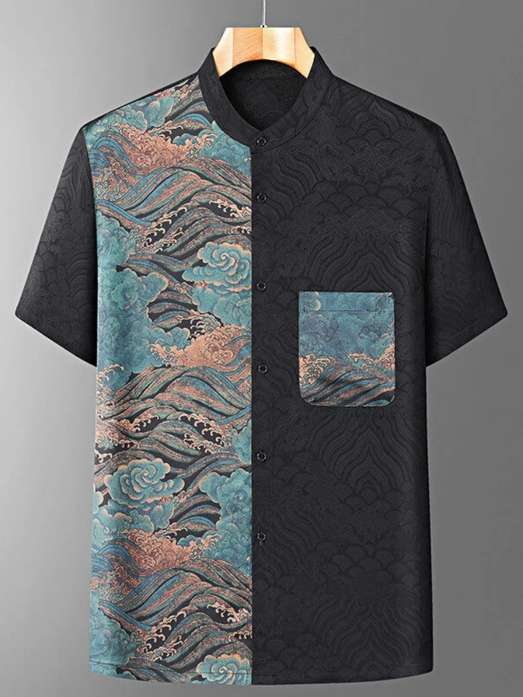 

Acetate Ice Silk Men's irt ort Sve Thin Silk Summer New Chinese Sle Dad Clothes Printed Button down No Iron Treaent