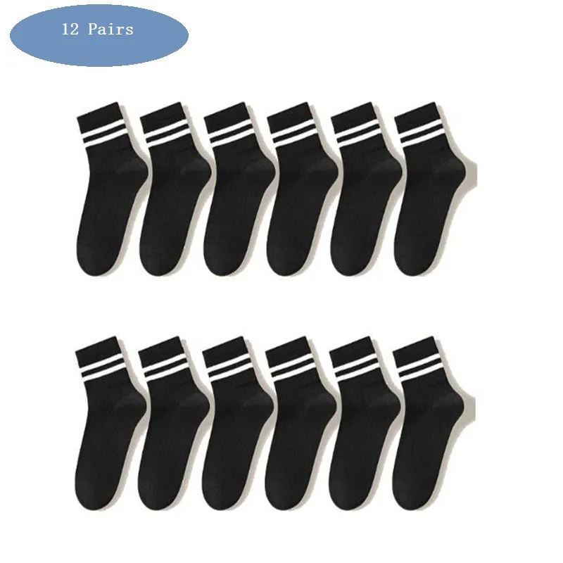 1/6/12 Pairs الرجال النساء الجوارب عالية الجودة بسيطة عادية أسود أبيض جوارب مخططة تنفس منتصف أنبوب جورب كرة السلة سباق جورب