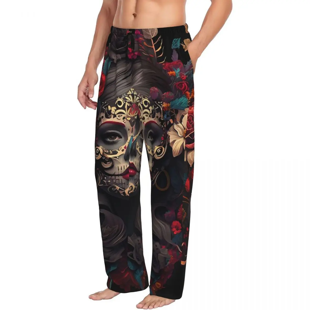 Custom Mexican Catrina Girl Day Of The Dead Sugar Skull Men Pajama Pants Lounge Sleep Sleepwear Bottoms with Pockets