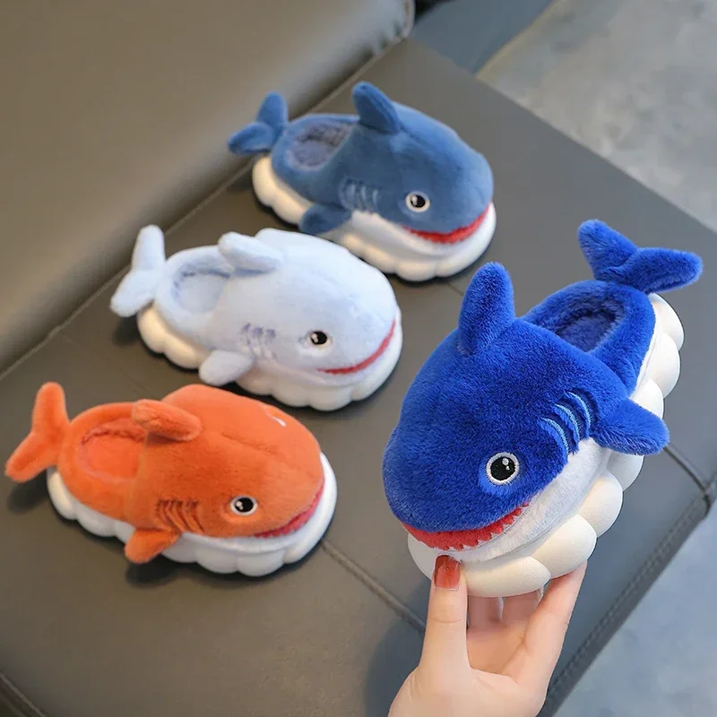 New Winter Cute Cartoon Shark Shaped Cotton Slippers Children's Non-slip Soft For Kids Girls And Boys Baby Warm Plush Home Shoes