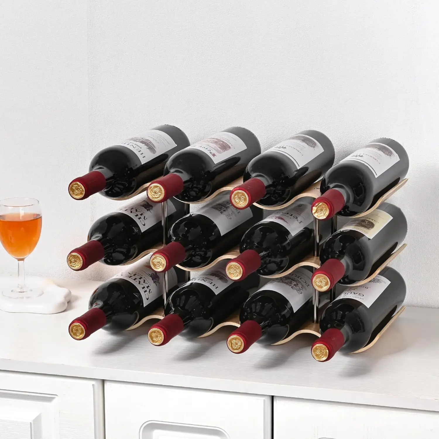 12-Bottle Wooden Wine Rack with Wavy Design for Kitchen or Bar Storage