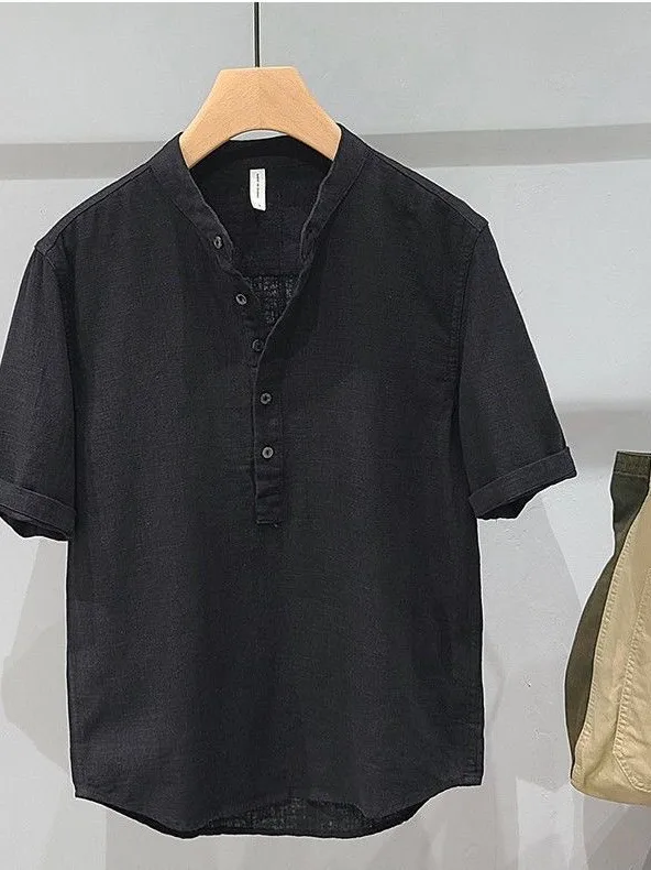 

Japanese Sle Pure Color Linen ort Sve irt Men's Workwear Summer New Simple Cotton Linen Faion Casual irt