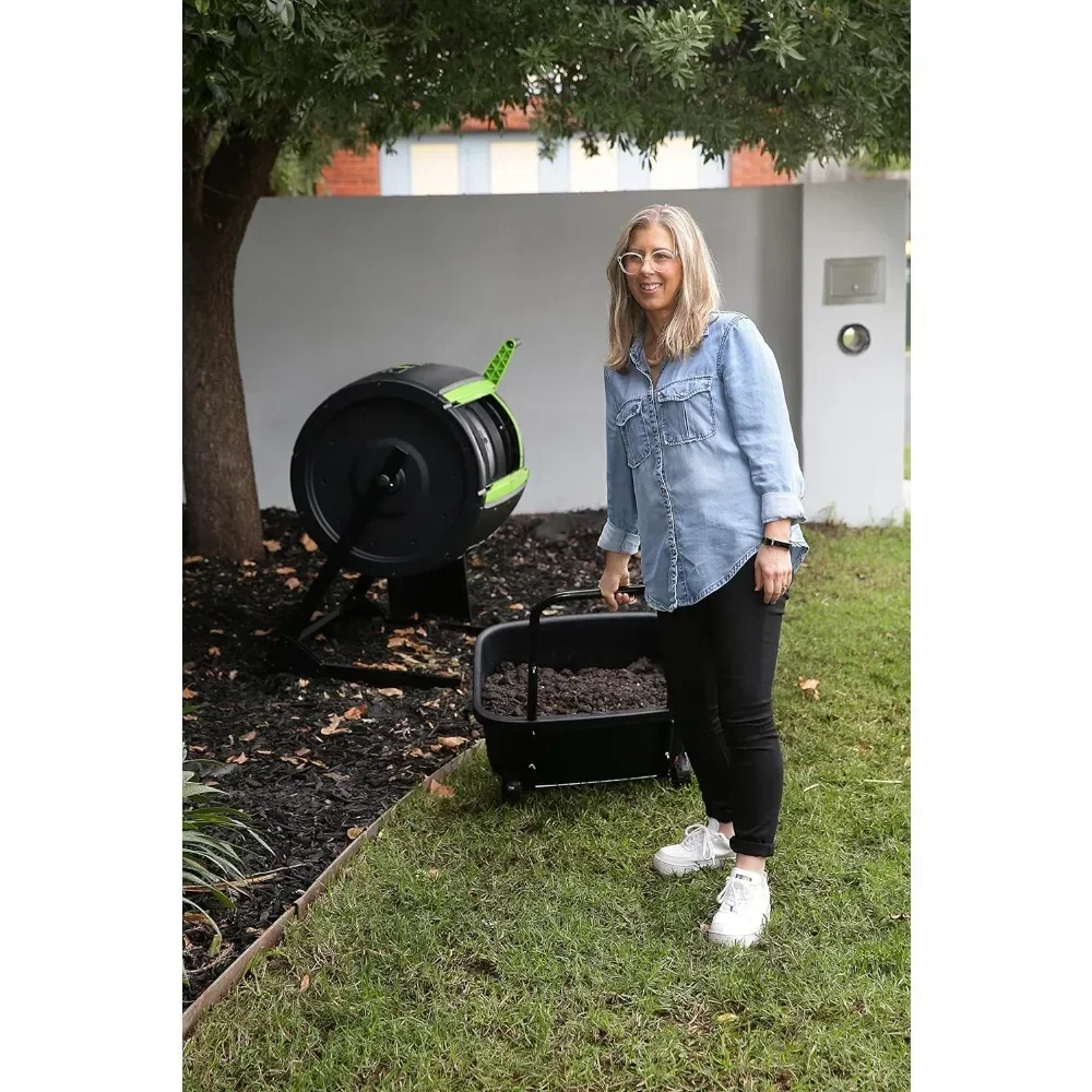 65 Gallon Dual Chamber Compost Tumbler with Large Double Door and Open Base and Comes with Maze Compost Cart