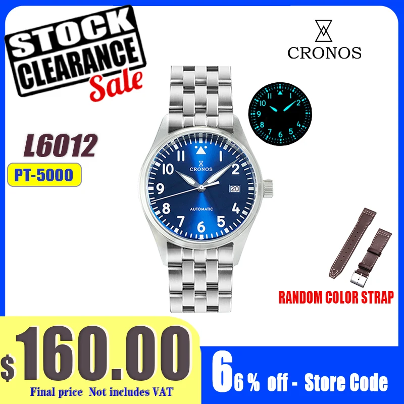Cronos 39mm Pilot Flieger Men Watches PT / VH31 Stainless steel Super Lum Domed Sapphire Crystal 5links Bracelet L6012