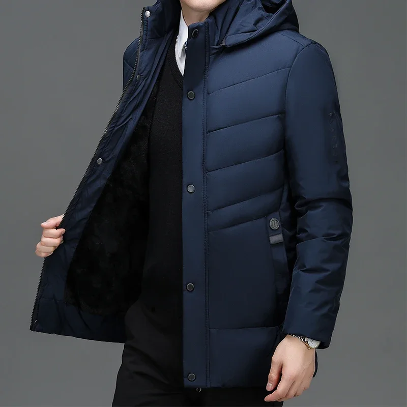 Brand Men\'s Winter Jacket Casual Business Comfortable Thickened Down Cotton Padded Jacket 2024 New Snow Detachable Hooded Parka