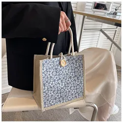 Linen Button Zipper Handbag Gift Packing Bag Flower Pattern Large Grocery Bag Women Beach Tote Portable Lunch Bag New Fashion