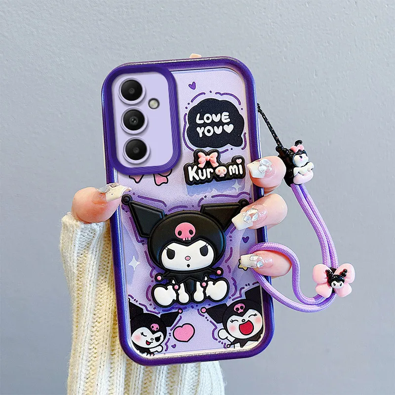 3D Cartoon Kuromi Phone Case For Samsung Galaxy S24 S23 S22 Ultra S21 Plus S20 FE Lotso Pochacco Strap Rope Cute Soft Cover