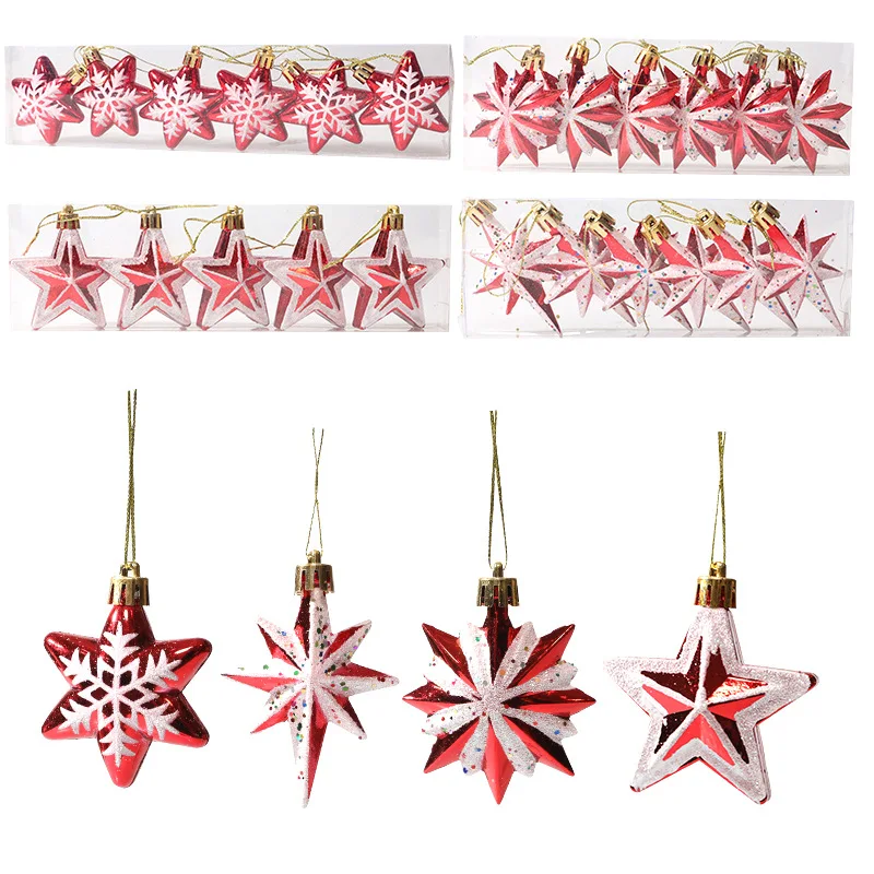 2024 Cross border New Christmas Tree's Decoration Alien Multi angle Star Christmas Tree Decoration Prop Red And White Stars