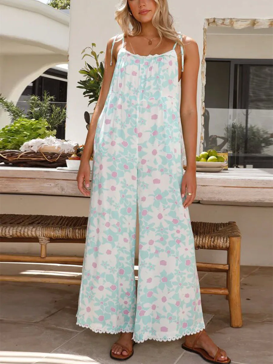 Women Vacation Jumpsuit Breathable Jumpsuit Flower Print Lace-up Wide Leg Jumpsuit with Crotch Pockets for Women Summer Vacation