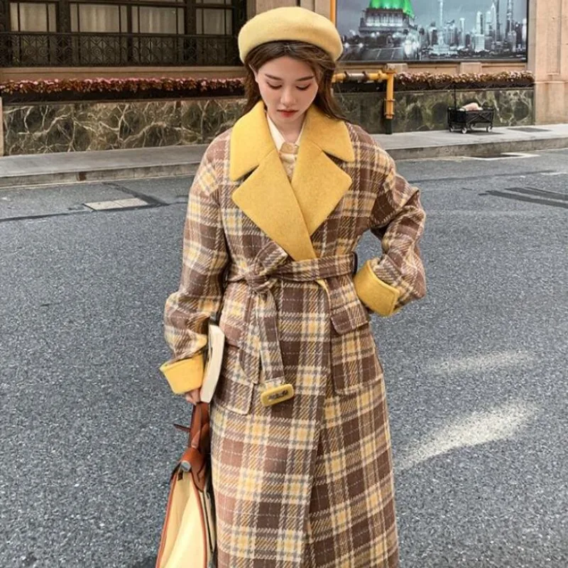 Temperament Plaid Patchwork Women Woolen Coat Winter Female High Sense Thicken Warm Outwear Long Below The Knee Fashion Outcoat