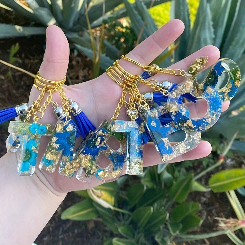 Conjunto de moldes de fundição de resina de silicone com letra reversa do alfabeto em forma de para chaveiro DIY, moldes de resina epóxi com furo de suspensão