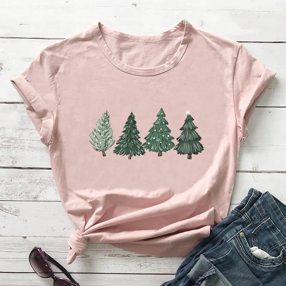 

Christmas Tree Printed New Arrival Christmas Shirt 100%Cotton Women's Tshirt Unisex Summer Funny Casual Short Sleeve Top