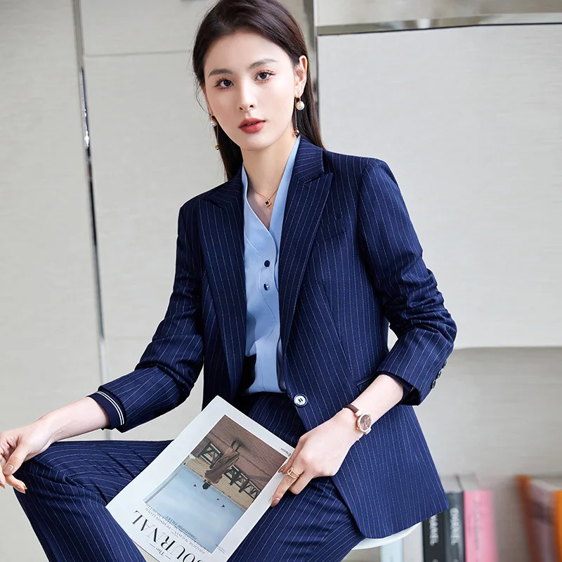 Stewardess Business Suit Women's Spring and Autumn Long-Sleeved Hotel Jewelry Front Desk Beauty Work Clothes Striped Suit Vest S