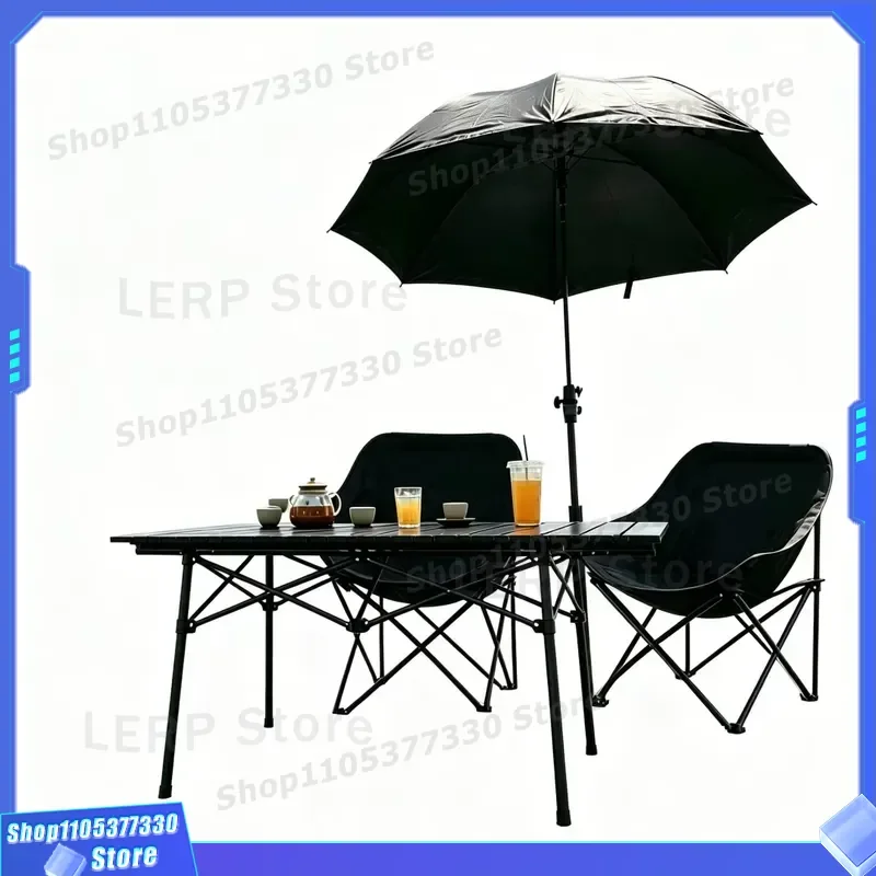 Heavy Duty Foldable Universal Stand Outdoor Sunscreen Umbrella Set With Roll Up Table And Moon Chair Suitable For Camping