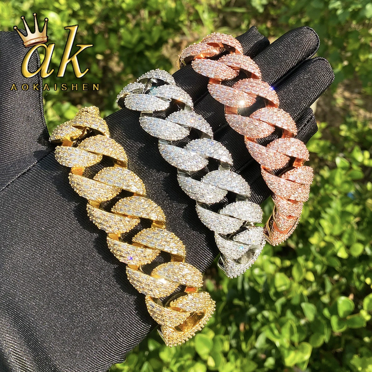 Aokaishen 25mm Special Clasp Baguette Cuban Link Bracelet for Men 5A Cubic Zirconia Gold Plated Hip Hop Jewelry
