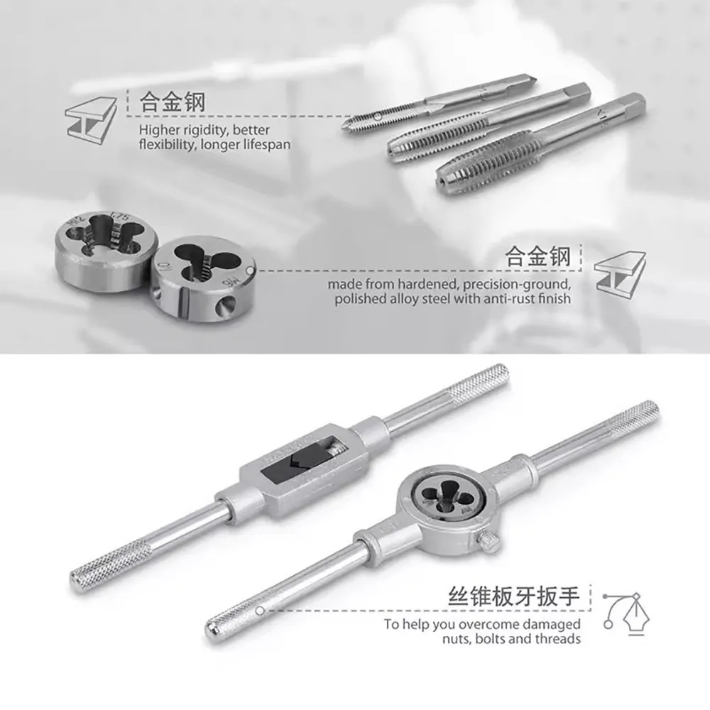 Imagem -03 - Meikela Metric Mão Tap e Die Grupo Plugs Rosca Ferramentas Diretas Taper Reamer M3-m12 12 Pcs 20 Pcs