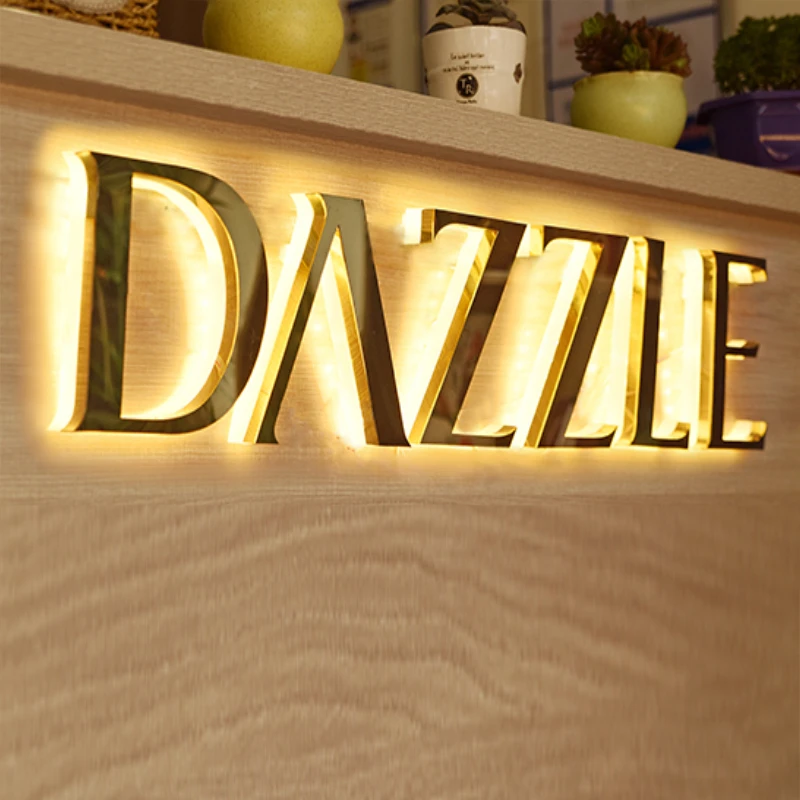 Letra LED retroiluminada de acero inoxidable personalizada, tienda publicitaria luminosa, letrero LED 3D, logotipo impermeable, decoración de pared de recepción